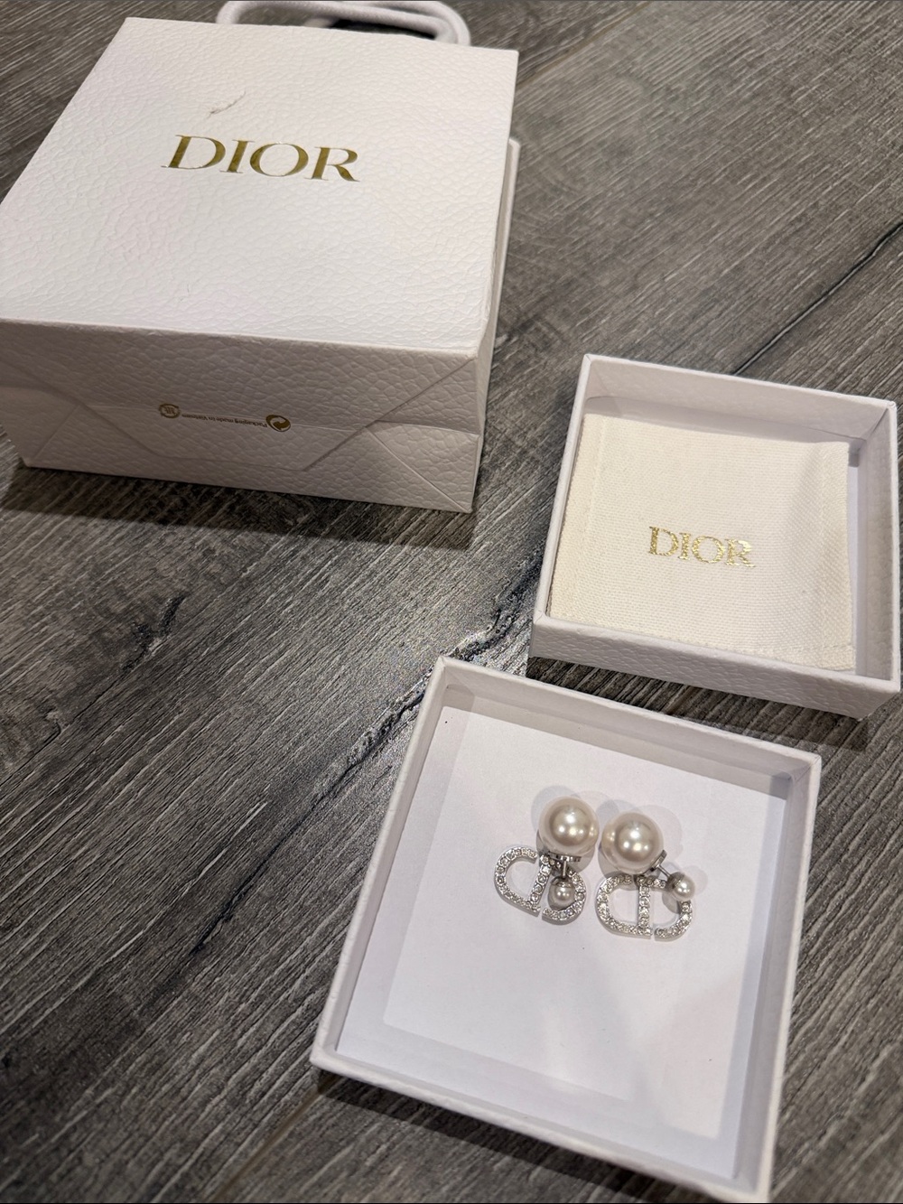 Dior Silver Crystal CD Logo Pearl Drop Earrings
